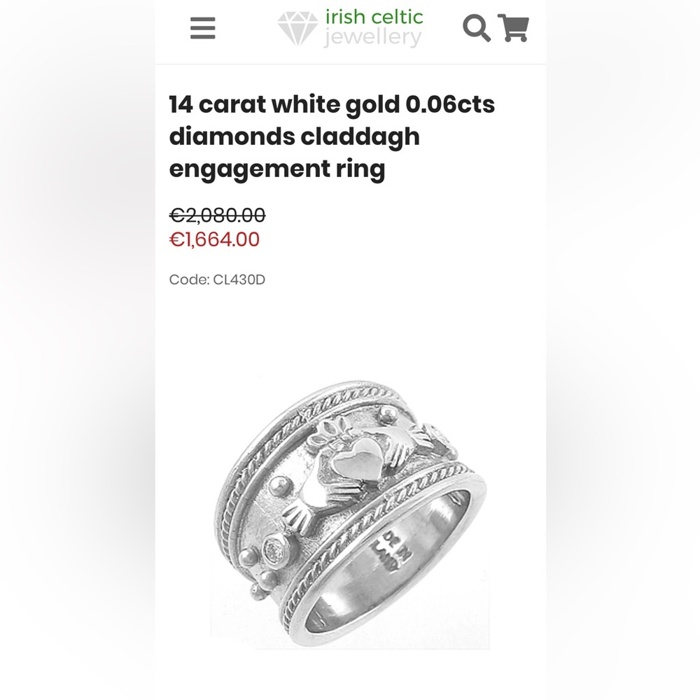 Irish made&nbsp;14 carat white gold 0.06cts diamonds claddagh engagement ring